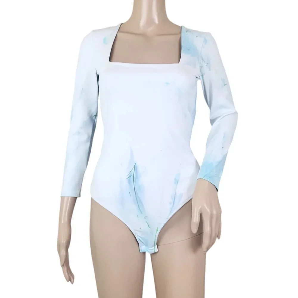 Free People Truth Or Square Custom Tie Dye Clouds Bodysuit White Basic